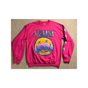 NWOT Hot Topic Nirvana Pink Rainbow Smiley Sweatshirt